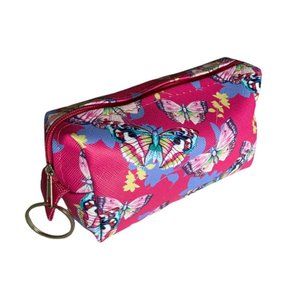 Dark Pink Butterfly Theme Zipper Print Cosmetic Bag w/ Key Ring